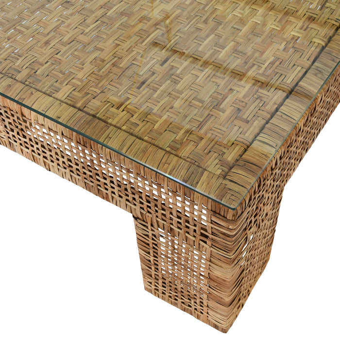 Worlds Away - Wide Leg Rectangular Rattan Coffee Table With Glass Top  - MONTAUK - GreatFurnitureDeal