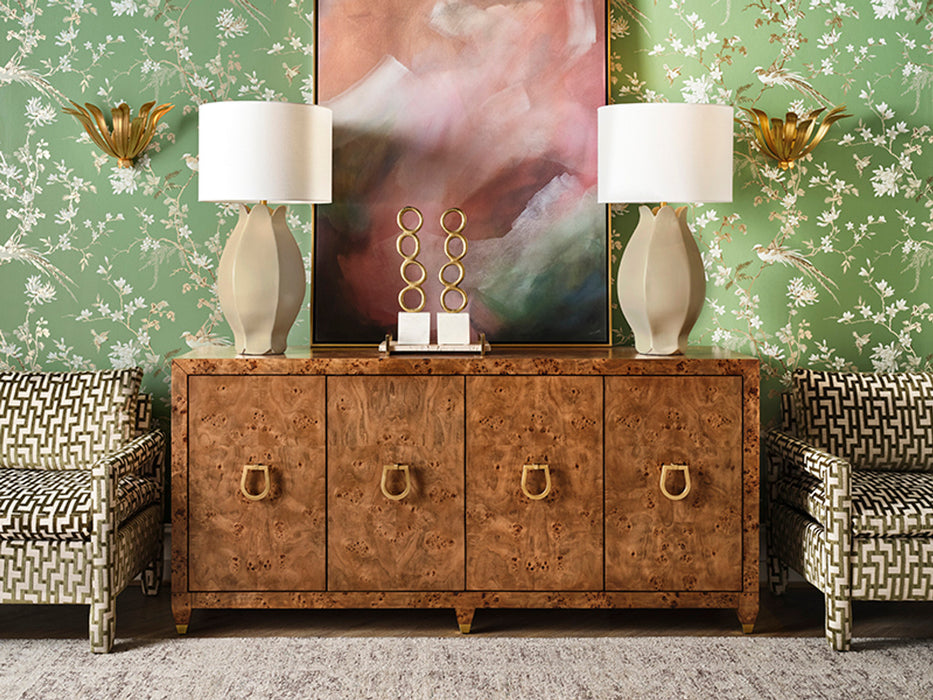 Worlds Away - Mulligan Four Door Buffet With Satin Brass Horsebit Inspired Hardware And Foot Caps In Dark Burl Wood - MULLIGAN DBW