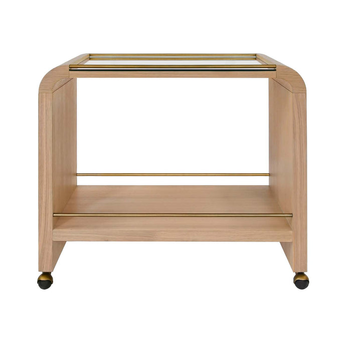 Worlds Away - Myer Waterfall Edge Bar Cart With Antique Brass Rails In Natural Oak - MYER NO