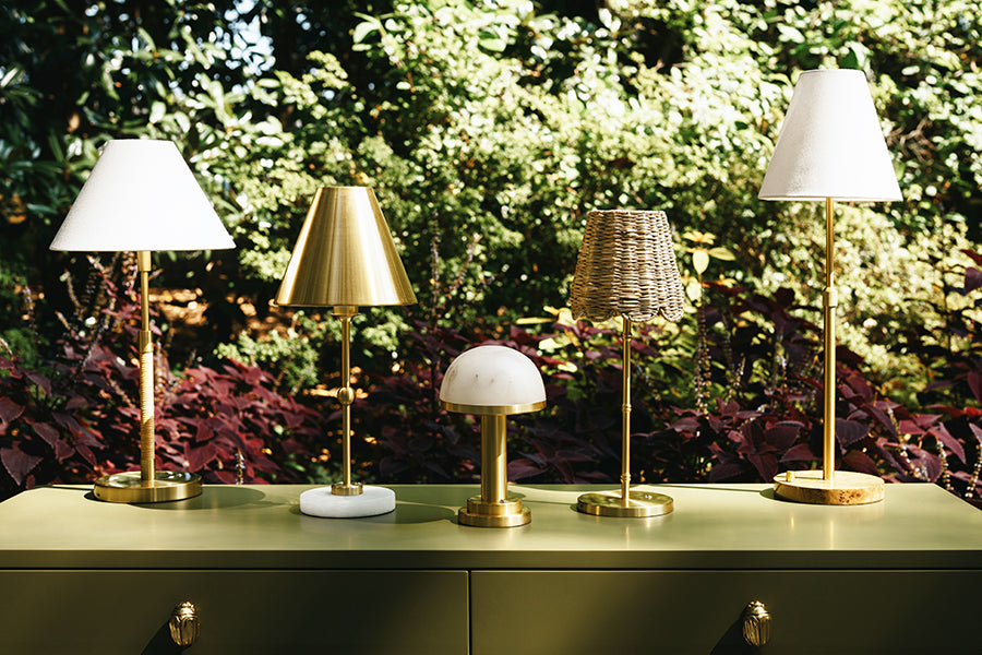 Worlds Away - Rechargeable Table Lamp In Brass And Faux Alabaster Base With Metal Shade - CHANLER - GreatFurnitureDeal