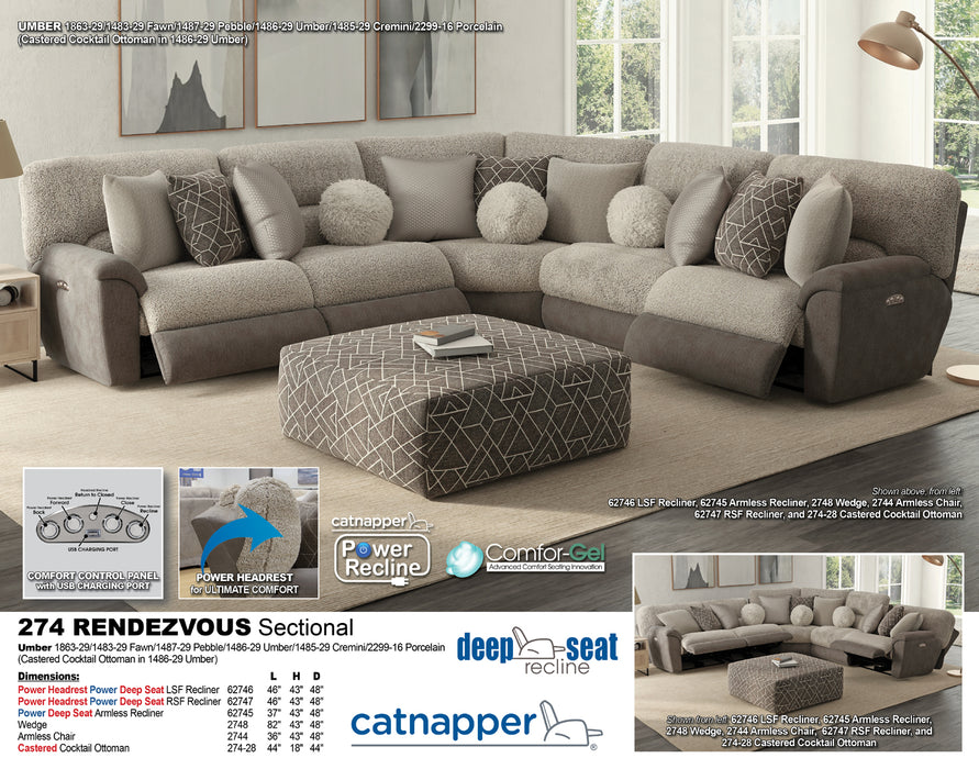 Catnapper - Rendezvous 5 Piece Power Headrest Reclining Sectional Sofa in Umber/Fawn - 62746-2744-2748-62745-62747