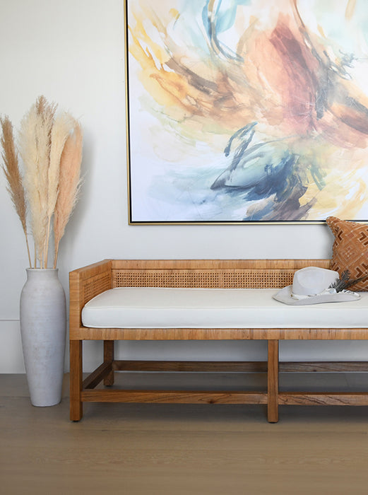 Worlds Away - Monterey Cane Bench With Low Seat Back And Ivory Linen Cushion - MONTEREY - GreatFurnitureDeal