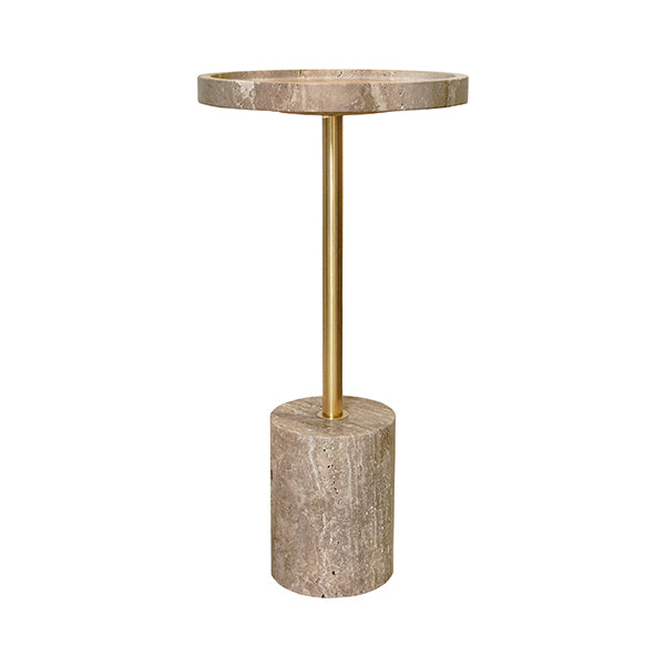 Worlds Away - Round Side Table In Travertine With Stainless Steel Pole - NATALIA - GreatFurnitureDeal