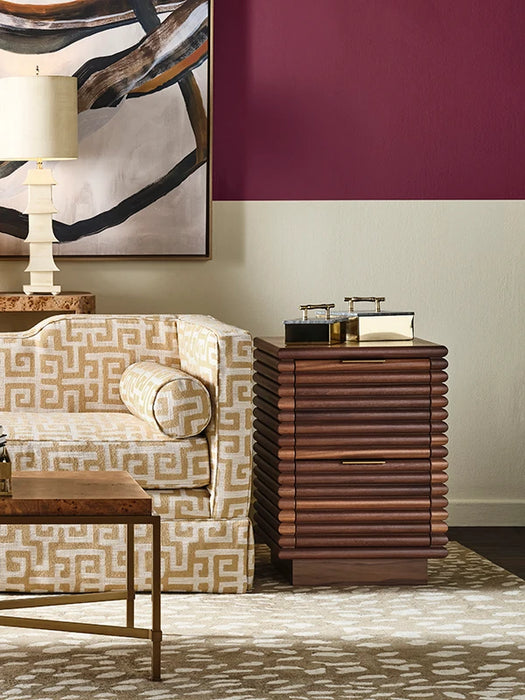 Worlds Away - Nayla Two Drawer Side Table With Antique Brass Hardware And Large Horizontal Reeds In Walnut - NAYLA WAL