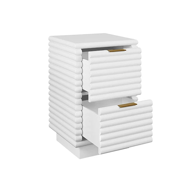 Worlds Away - Nayla Two Drawer Side Table With Antique Brass Hardware And Large Horizontal Reeds In White Lacquer - NAYLA WH