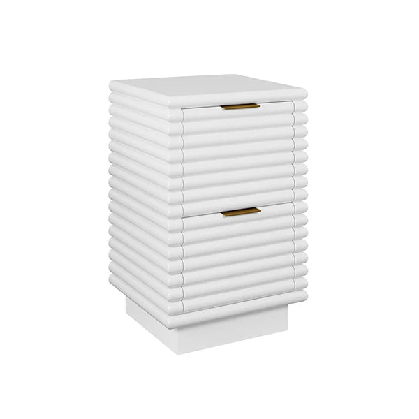 Worlds Away - Nayla Two Drawer Side Table With Antique Brass Hardware And Large Horizontal Reeds In White Lacquer - NAYLA WH