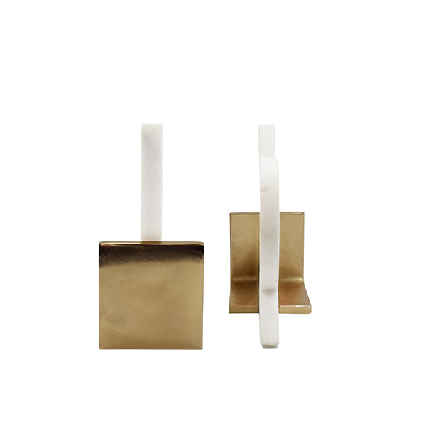 Worlds Away - Pair Of Geometric White Marble Bookends With Brass Detail - ODUM - GreatFurnitureDeal