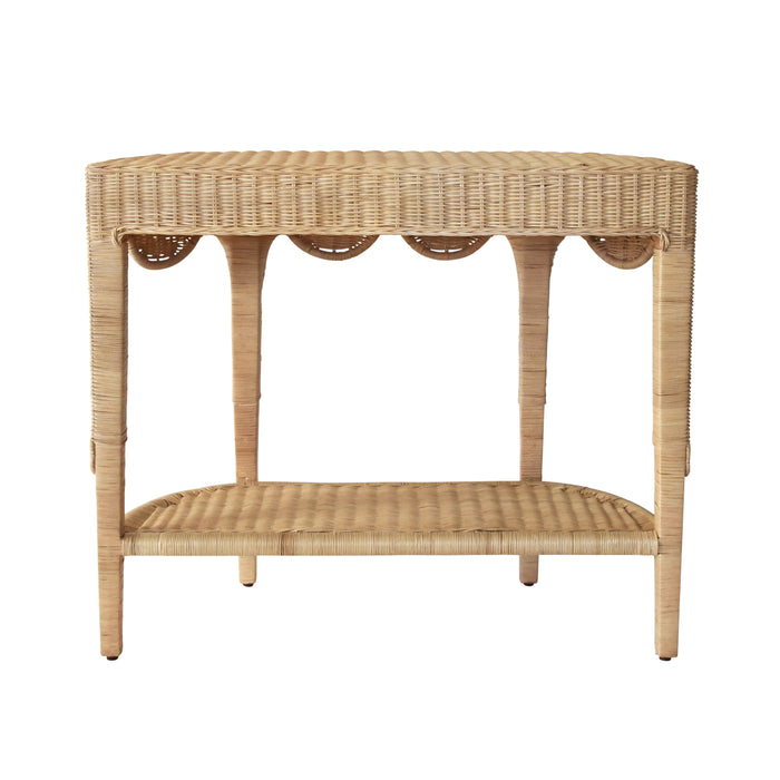 Worlds Away - Scalloped Top Demi Lune Console In Woven Rattan With Open Shelf - PALOMA - GreatFurnitureDeal