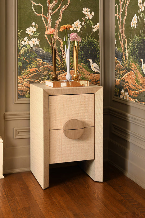 Worlds Away - Parker Two Drawer Small Side Table In Natural Grasscloth With Cerused Oak Handles - PARKER NAT