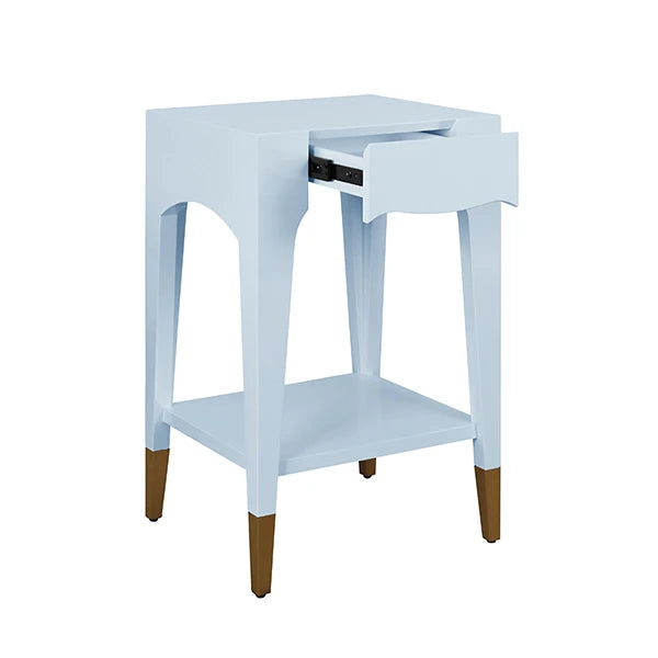 Worlds Away - Patti Tapered Leg One Drawer Side Table With Antique Brass Foot Caps In Light Blue Lacquer - PATTI LB