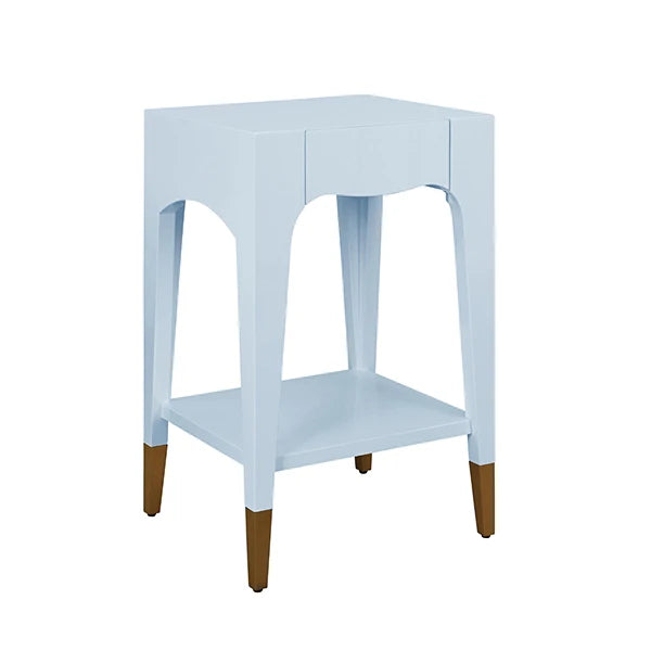 Worlds Away - Patti Tapered Leg One Drawer Side Table With Antique Brass Foot Caps In Light Blue Lacquer - PATTI LB