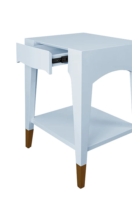 Worlds Away - Patti Tapered Leg One Drawer Side Table With Antique Brass Foot Caps In Light Blue Lacquer - PATTI LB