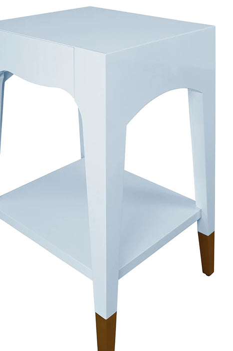 Worlds Away - Patti Tapered Leg One Drawer Side Table With Antique Brass Foot Caps In Light Blue Lacquer - PATTI LB