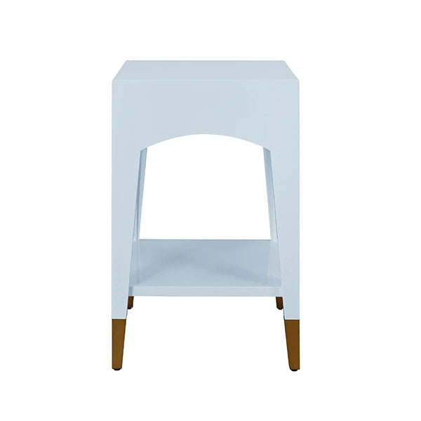 Worlds Away - Patti Tapered Leg One Drawer Side Table With Antique Brass Foot Caps In Light Blue Lacquer - PATTI LB
