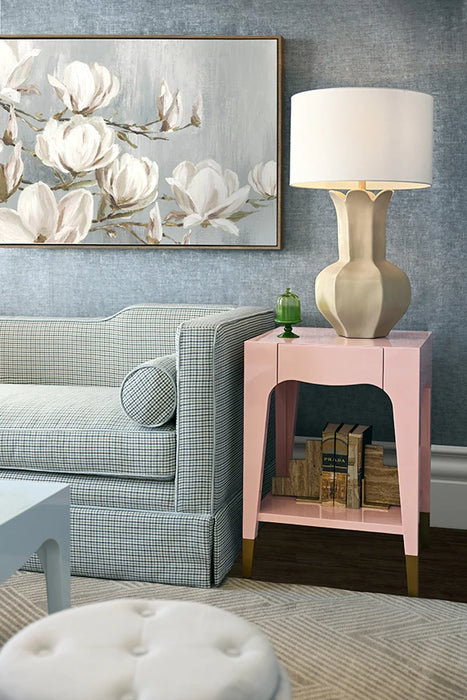 Worlds Away - Patti Tapered Leg One Drawer Side Table With Antique Brass Foot Caps In Pink Lacquer - PATTI PI