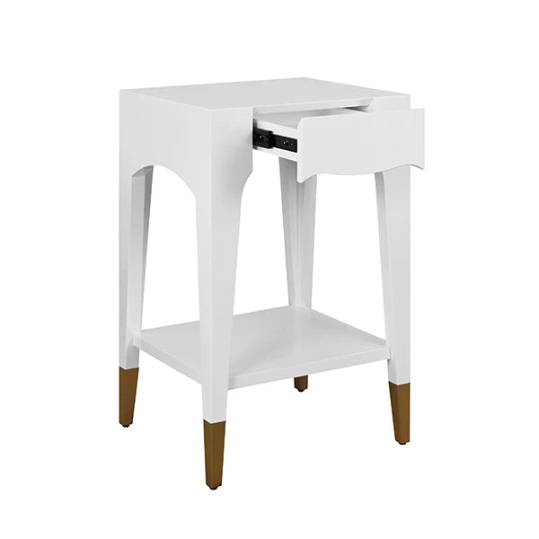 Worlds Away - Patti Tapered Leg One Drawer Side Table With Antique Brass Foot Caps In White Lacquer - PATTI WH