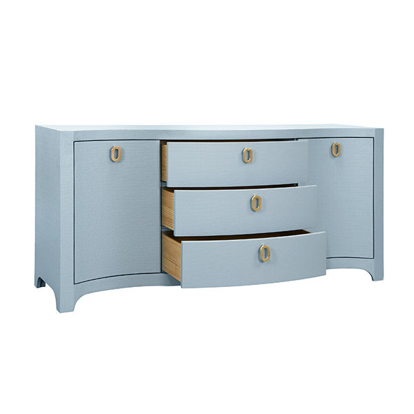 Worlds Away - Paulina Curved Front Two Door Three Drawer Buffet In Textured Light Blue Linen With Satin Brass Ring Hardware - PAULINA LB