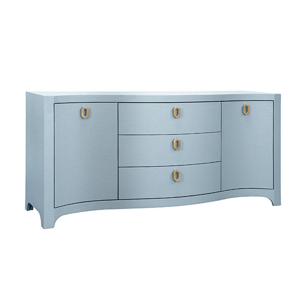 Worlds Away - Paulina Curved Front Two Door Three Drawer Buffet In Textured Light Blue Linen With Satin Brass Ring Hardware - PAULINA LB