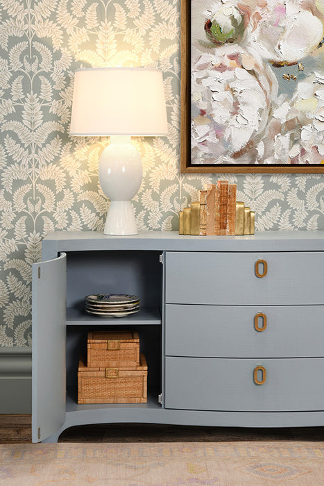 Worlds Away - Paulina Curved Front Two Door Three Drawer Buffet In Textured Light Blue Linen With Satin Brass Ring Hardware - PAULINA LB