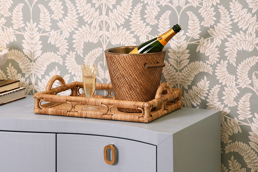 Worlds Away - Paulina Curved Front Two Door Three Drawer Buffet In Textured Light Blue Linen With Satin Brass Ring Hardware - PAULINA LB