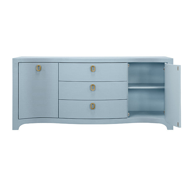 Worlds Away - Paulina Curved Front Two Door Three Drawer Buffet In Textured Light Blue Linen With Satin Brass Ring Hardware - PAULINA LB