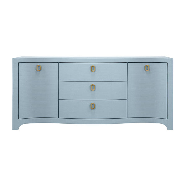 Worlds Away - Paulina Curved Front Two Door Three Drawer Buffet In Textured Light Blue Linen With Satin Brass Ring Hardware - PAULINA LB