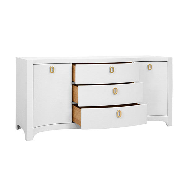 Worlds Away - Paulina Curved Front Two Door Three Drawer Buffet In Textured White Linen With Satin Brass Ring Hardware - PAULINA WH