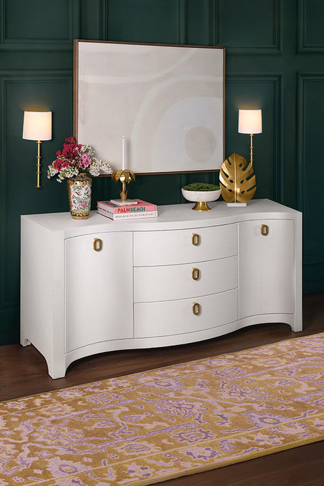 Worlds Away - Paulina Curved Front Two Door Three Drawer Buffet In Textured White Linen With Satin Brass Ring Hardware - PAULINA WH