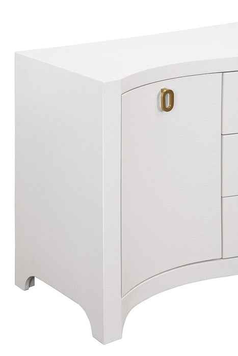 Worlds Away - Paulina Curved Front Two Door Three Drawer Buffet In Textured White Linen With Satin Brass Ring Hardware - PAULINA WH