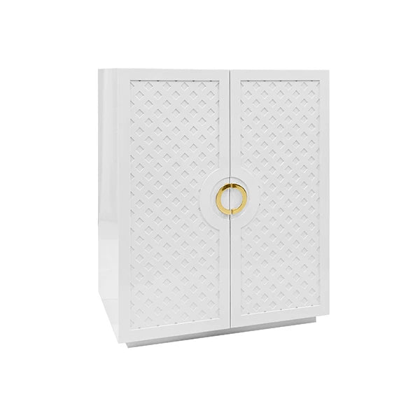 Worlds Away - Poppy Two Door Cabinet With Lattice Overlay And Brass Circle Hardware In White Lacquer - POPPY WH