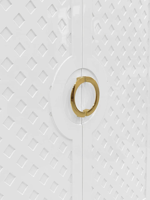 Worlds Away - Poppy Two Door Cabinet With Lattice Overlay And Brass Circle Hardware In White Lacquer - POPPY WH