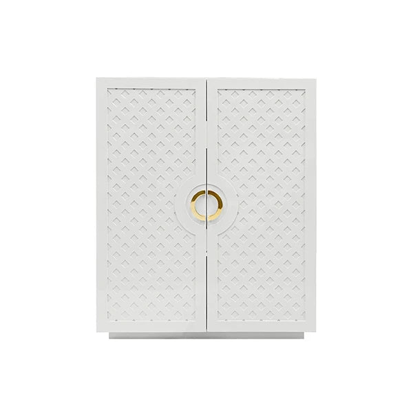 Worlds Away - Poppy Two Door Cabinet With Lattice Overlay And Brass Circle Hardware In White Lacquer - POPPY WH