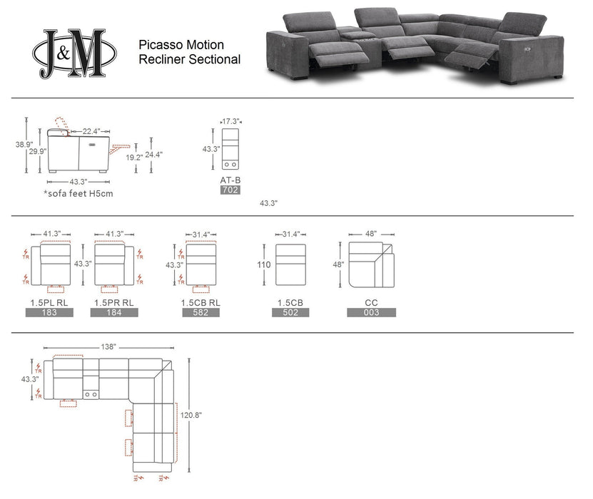 J&M Furniture - Picasso 6Pc Fabric Motion Sectional Sofa In Dark Grey - 19965-DG - GreatFurnitureDeal