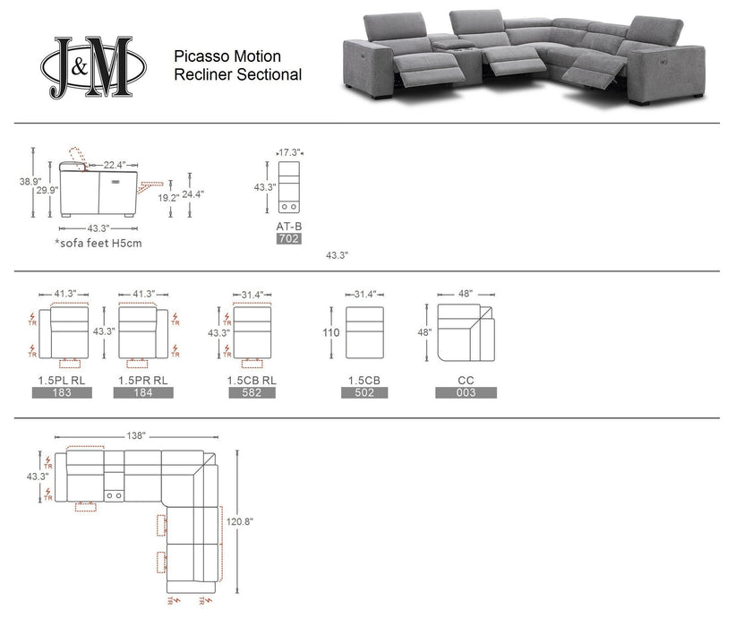 J&M Furniture - Picasso 6Pc Fabric Motion Sectional Sofa In Light Grey - 19965-LTG - GreatFurnitureDeal