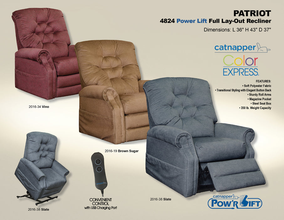Catnapper - Patriot "Pow'r Lift" Full Lay-Out Recliner in Slate - 4824-Slate