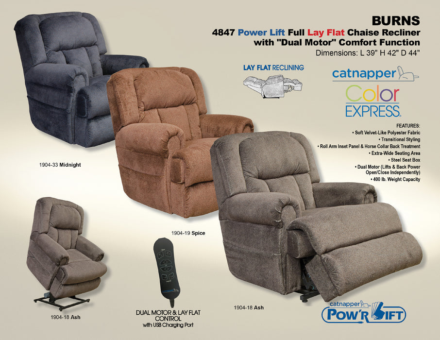 Catnapper - Burns Pow'r Lift Full Lay Flat Recliner w- "Dual Motor" Comfort Function in Spice - 4847-SPICE - GreatFurnitureDeal