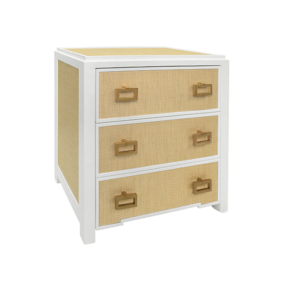 Worlds Away - Radley Three Drawer Side Table Matte White Lacquer Frame and Natural - RADLEY NAT - GreatFurnitureDeal