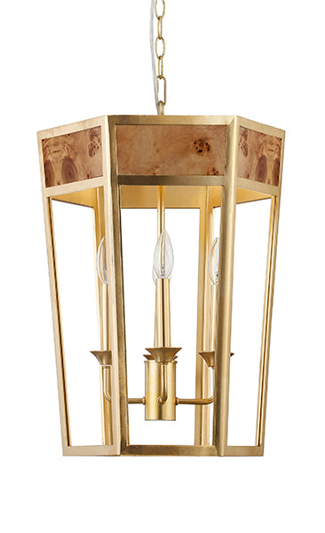 Worlds Away - Ren 4-Light Hexagon Pendant With Gold Metal Frame and Inset Burl Wood - REN G - GreatFurnitureDeal