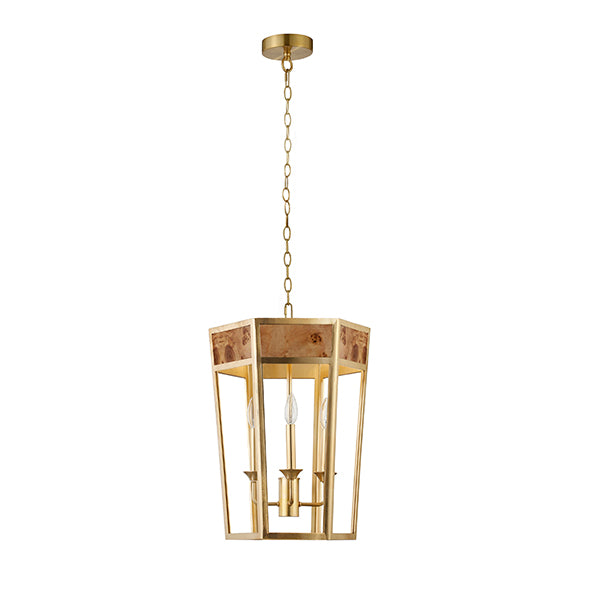 Worlds Away - Ren 4-Light Hexagon Pendant With Gold Metal Frame and Inset Burl Wood - REN G - GreatFurnitureDeal