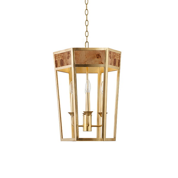 Worlds Away - Ren 4-Light Hexagon Pendant With Gold Metal Frame and Inset Burl Wood - REN G - GreatFurnitureDeal