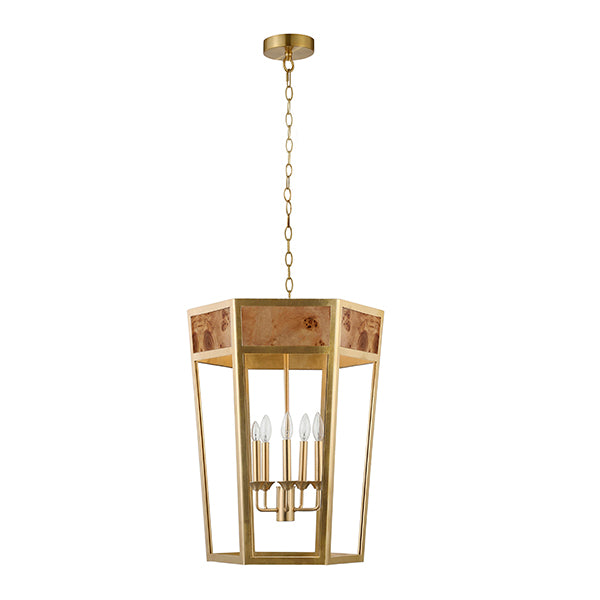 Worlds Away - Reynolds 5-Light Hexagon Pendant With Gold Metal Frame and Inset Burl Wood - REYNOLDS G - GreatFurnitureDeal