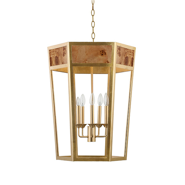 Worlds Away - Reynolds 5-Light Hexagon Pendant With Gold Metal Frame and Inset Burl Wood - REYNOLDS G - GreatFurnitureDeal