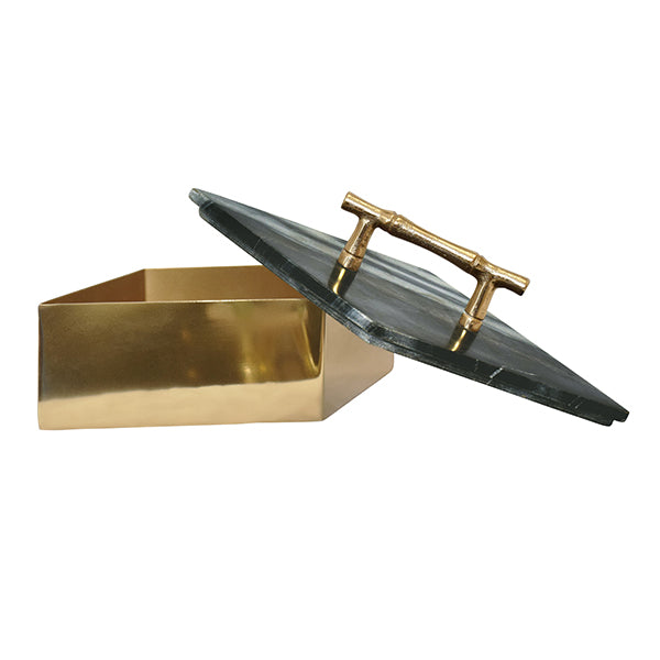 Worlds Away - Large Diamond Shaped Brass Box With Black Marble Top And Brass Bamboo Handle - RHOMA LG - GreatFurnitureDeal