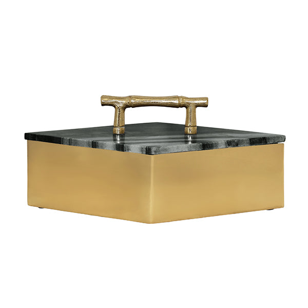Worlds Away - Large Diamond Shaped Brass Box With Black Marble Top And Brass Bamboo Handle - RHOMA LG - GreatFurnitureDeal