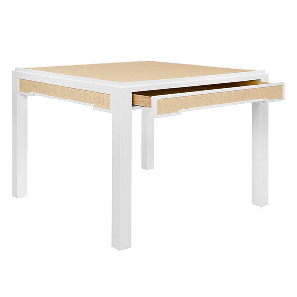 Worlds Away - Robin Square Two Drawer Game Table In Matte White Lacquer Frame And Inset Natural Grasscloth - ROBIN NAT