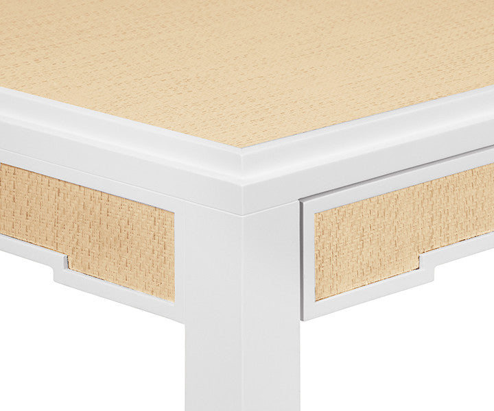 Worlds Away - Robin Square Two Drawer Game Table In Matte White Lacquer Frame And Inset Natural Grasscloth - ROBIN NAT