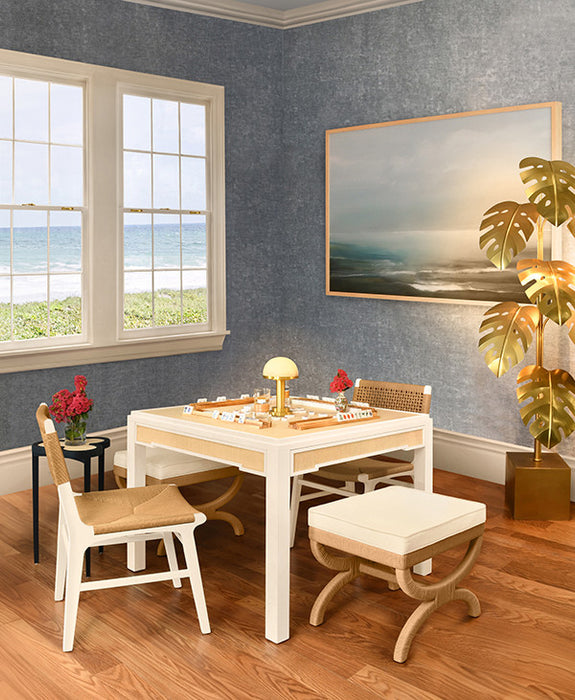 Worlds Away - Robin Square Two Drawer Game Table In Matte White Lacquer Frame And Inset Natural Grasscloth - ROBIN NAT