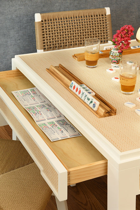 Worlds Away - Robin Square Two Drawer Game Table In Matte White Lacquer Frame And Inset Natural Grasscloth - ROBIN NAT