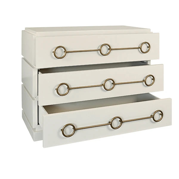Worlds Away - Roderick Three Drawer Chest With Antique Brass Connected Circle Hardware In Matte Antique White Lacquer - RODERICK AW - GreatFurnitureDeal