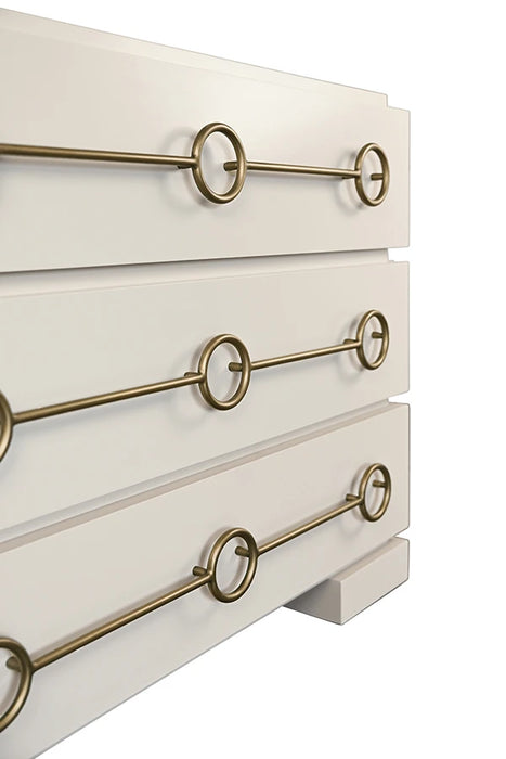 Worlds Away - Roderick Three Drawer Chest With Antique Brass Connected Circle Hardware In Matte Antique White Lacquer - RODERICK AW - GreatFurnitureDeal